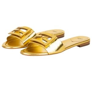 Fendi Baguette Gold Metallic Slides